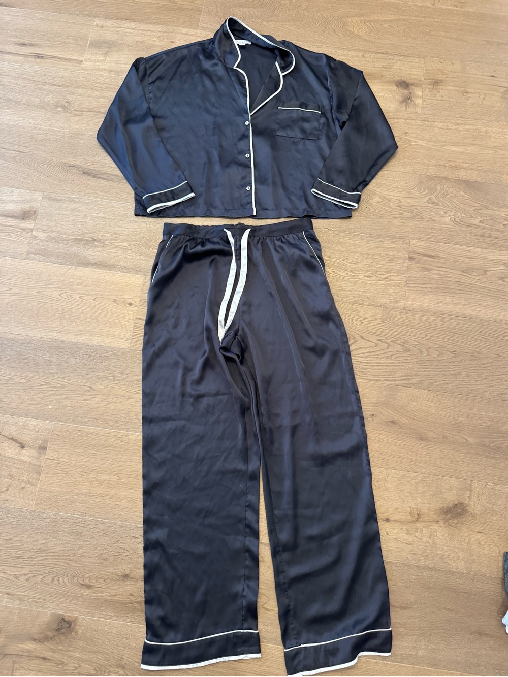 Topshop Navy Satin Pajama Set with White Piping